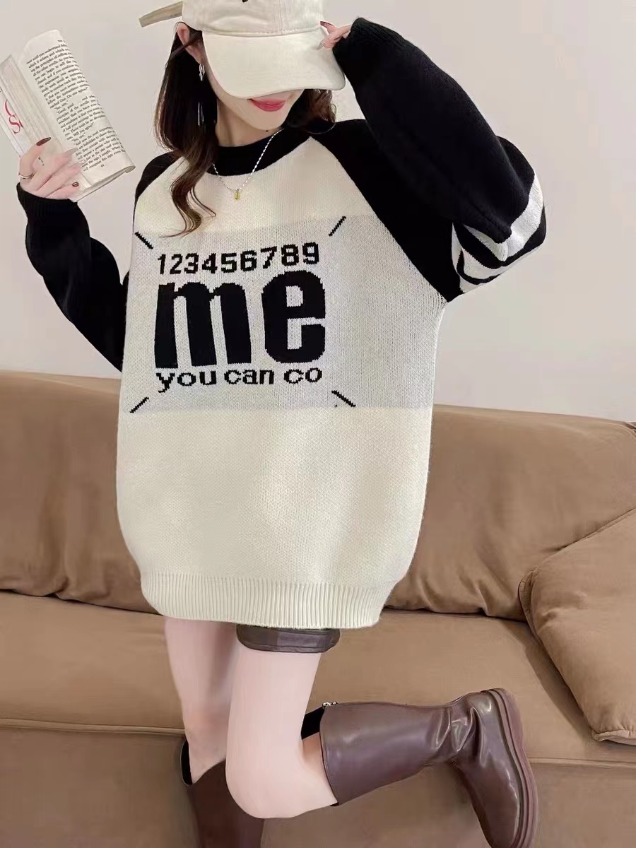 學院風毛衣女秋冬2023新款撞色拼接設計感寬鬆中長款長袖針織上衣