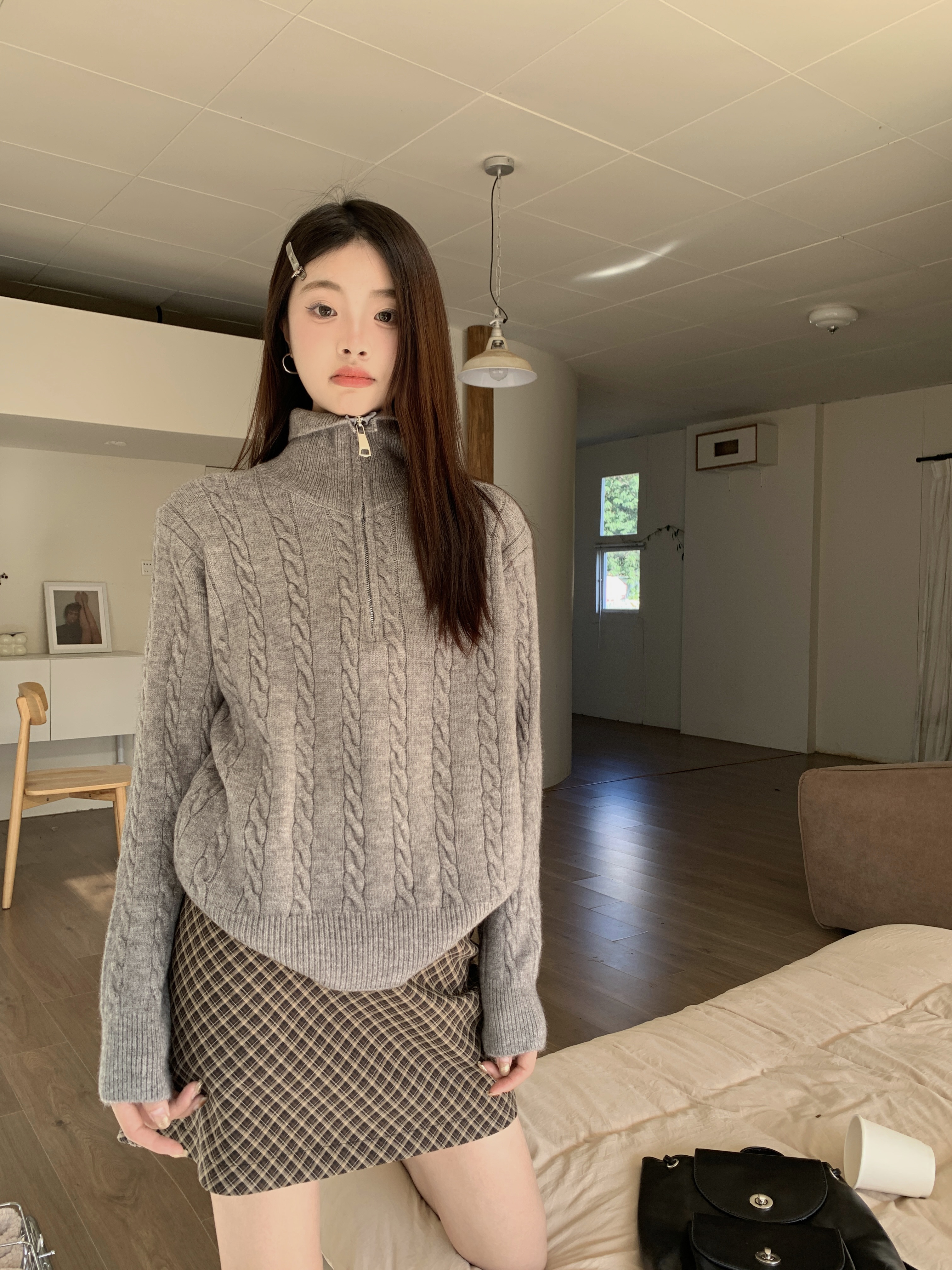 實拍 加厚麻花復古半拉鏈翻領毛衣女韓系寬鬆高領針織衫