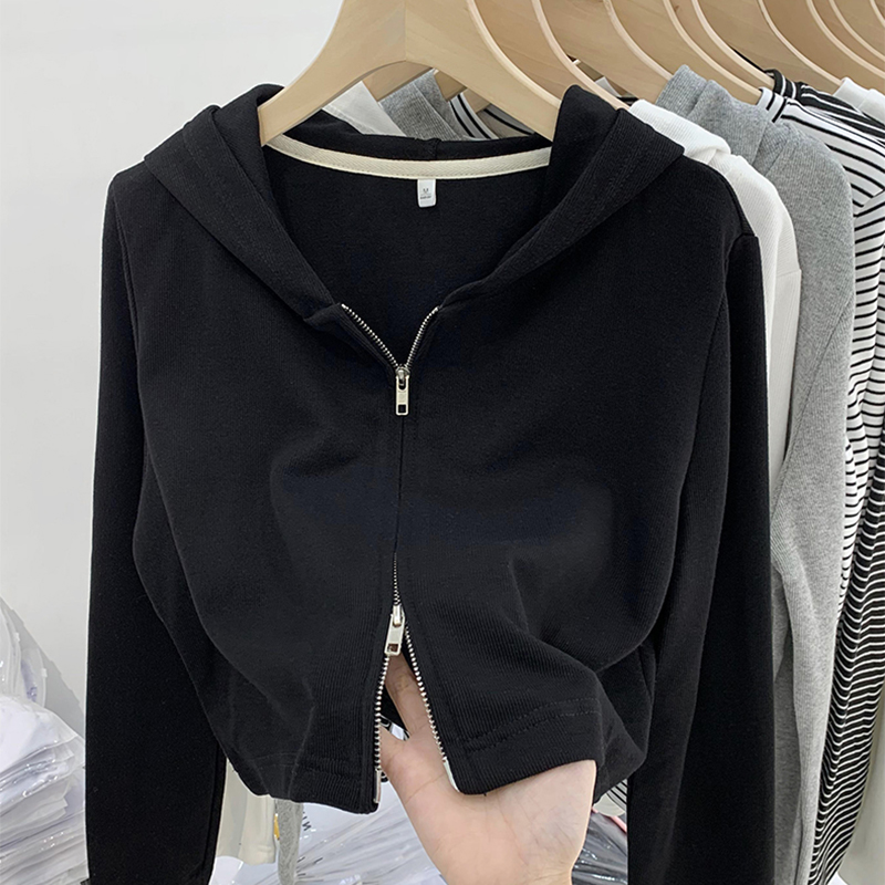 300g fabric cardigan women's slim design hooded double zipper autumn and winter short simple niche jacket