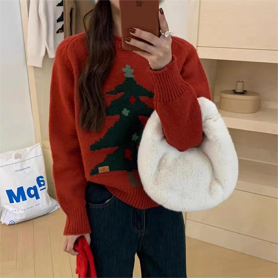 Winter new Christmas and New Year red lazy style high-end loose round neck sweater thickened sweater