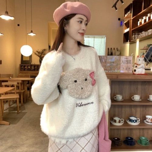 Lazy plush bear imitation mink round neck pullover sweater for women autumn and winter  new soft and waxy loose knitted top