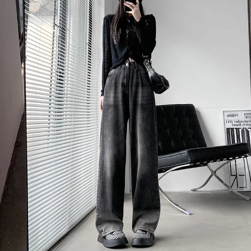 黑色牛仔褲女秋季2023新款寬鬆顯瘦直筒垂感闊腿褲子