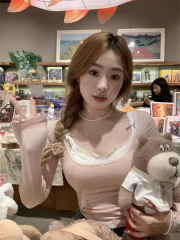 Derong Hot Girl Slim Pure Desire Lace Long Sleeve T-shirt 2023 Autumn New Slim Fit Short T-shirt Top