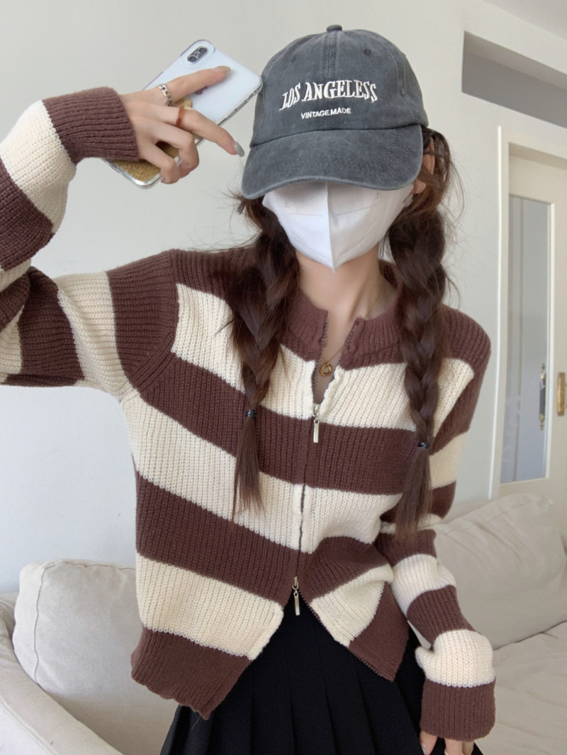 秋冬季新款設計感雙拉鏈圓領條紋軟糯針織開衫毛衣外套女