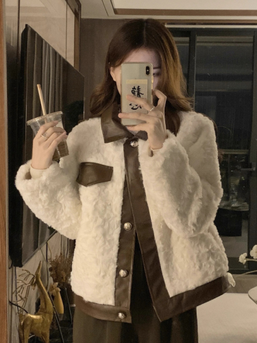 Fur-in-one small fragrant jacket for women in autumn and winter new style retro patchwork leather short lamb wool cotton coat small thickened