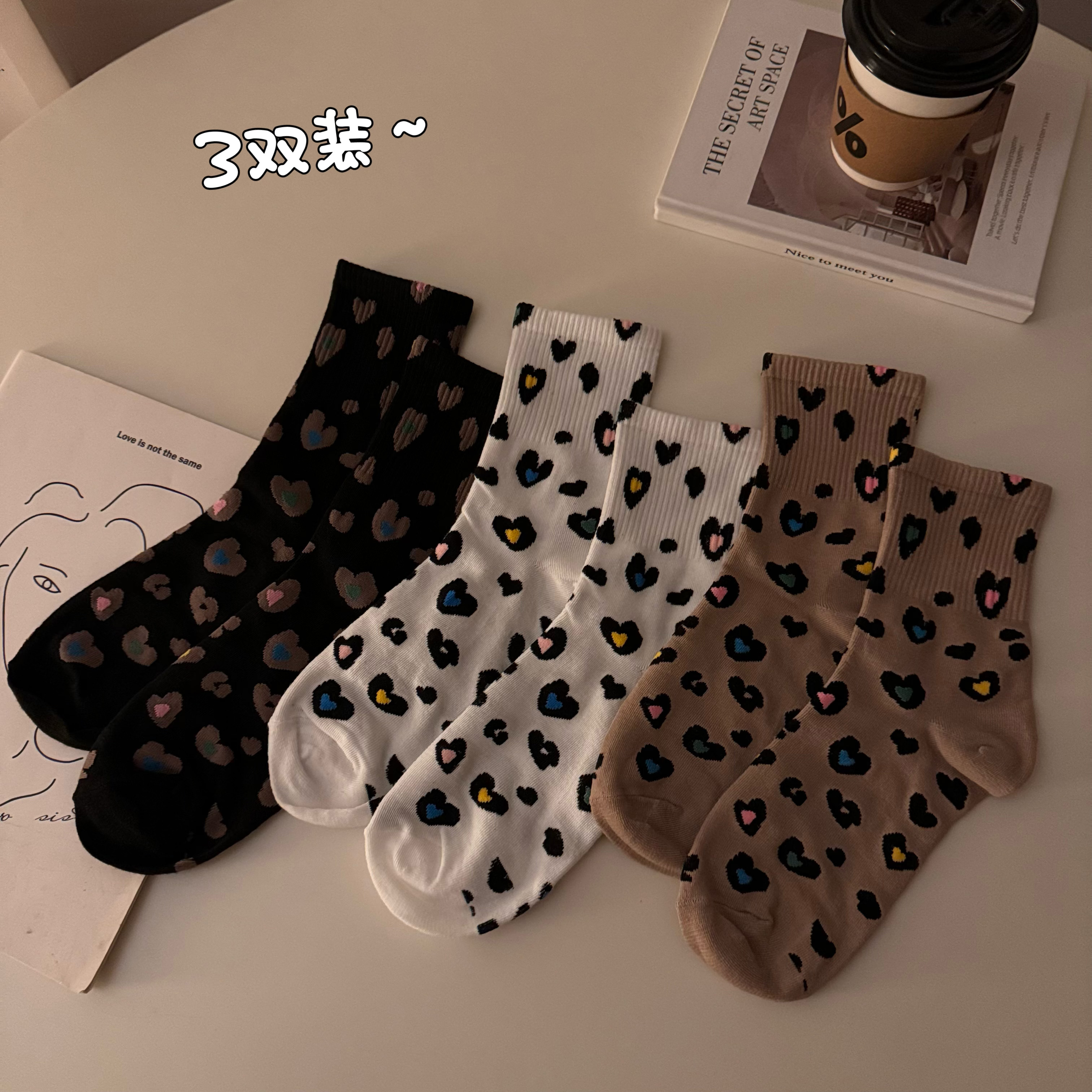 實拍韓版豹紋保暖襪子女中筒襪秋冬堆堆襪長襪女襪3雙裝