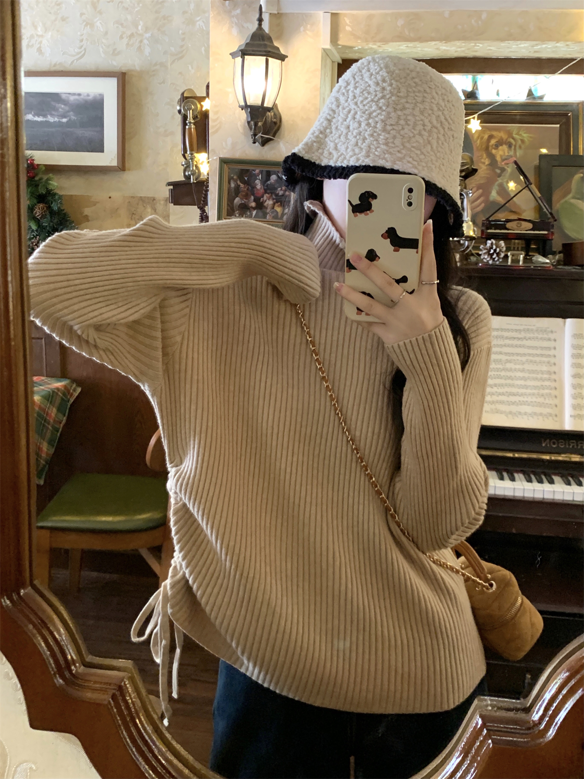 Real shot of autumn and winter Korean style loose pile collar drawstring design with Andy velvet knitted bottoming sweater