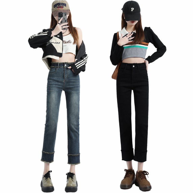 Real shot of raw-edged high-waisted wide-leg jeans for women in autumn and winter new slim loose straight-leg curled nine-point pants