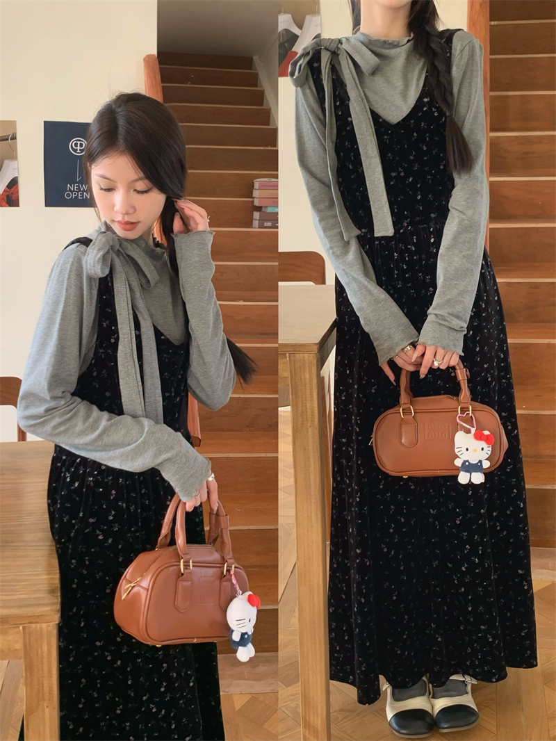 實拍 秋冬絲絨連衣裙女秋冬季氣質顯瘦碎花長裙超好看裙子女