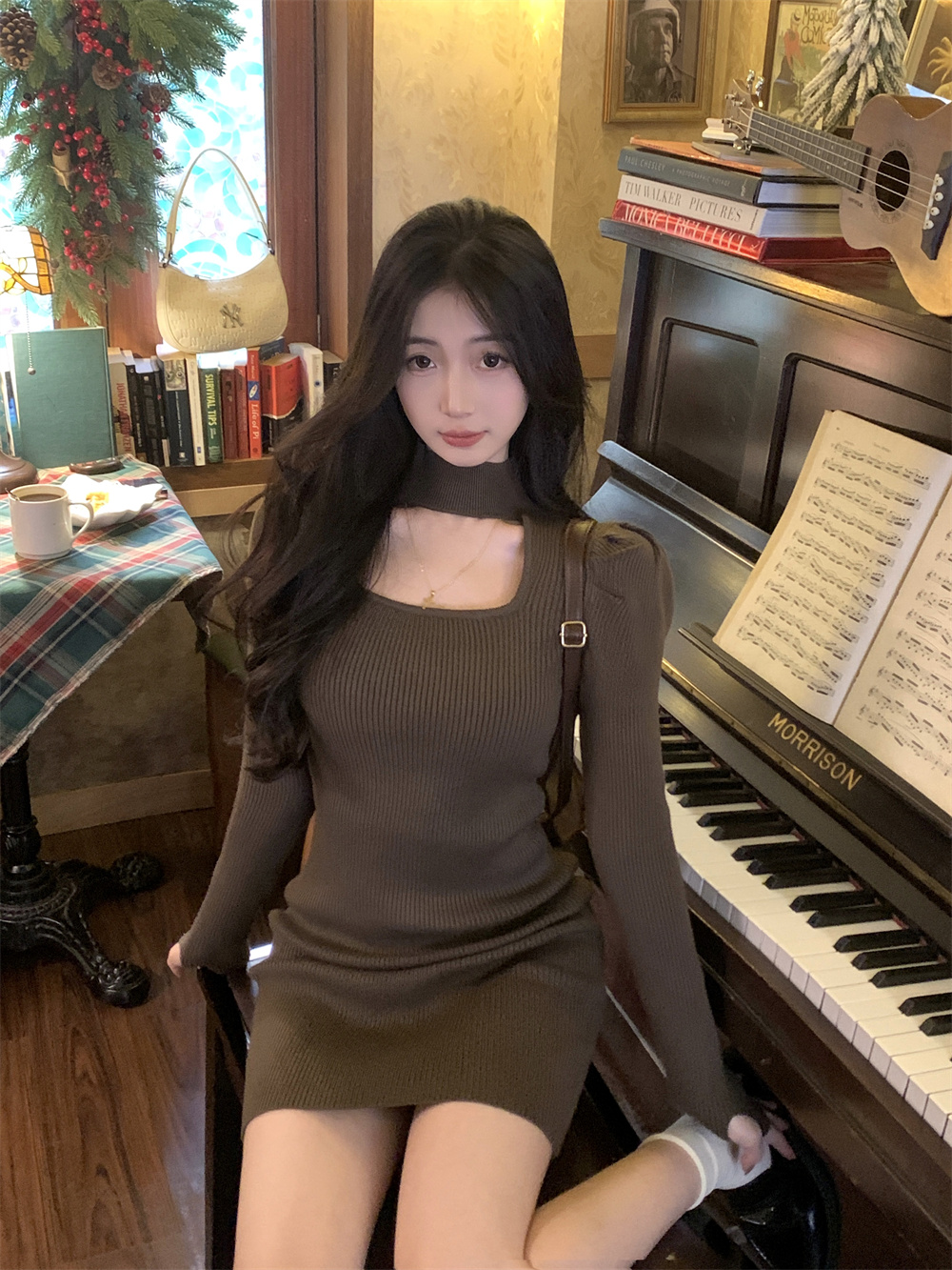 實拍~新款鏤空針織修身顯瘦小個子法式設計中長款連衣裙子