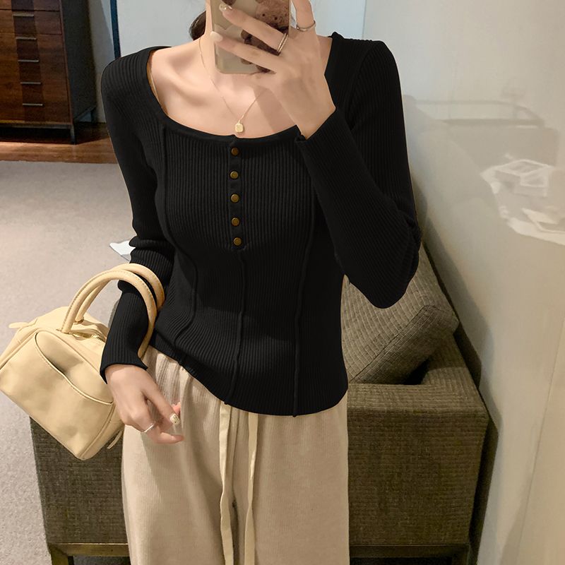 大領口針織衫女裝秋冬季2023新款法式魚骨毛衣打底衫修身內搭上衣