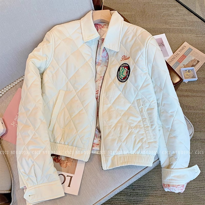White letter embroidered rhombus cotton jacket for women 2023 early spring new design niche casual short quilted jacket