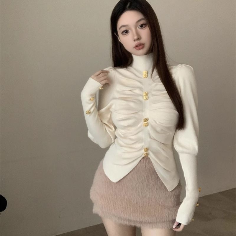 紐扣泡泡袖針織衫女秋冬純色性感半高領褶皺修身短款長袖打底上衣
