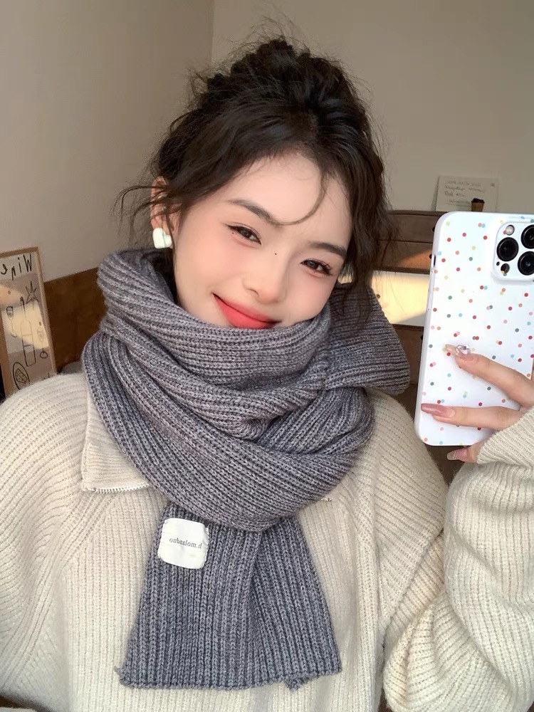 灰色毛線圍巾女2023新款冬季百搭韓版短圍脖純色保暖針織學院風