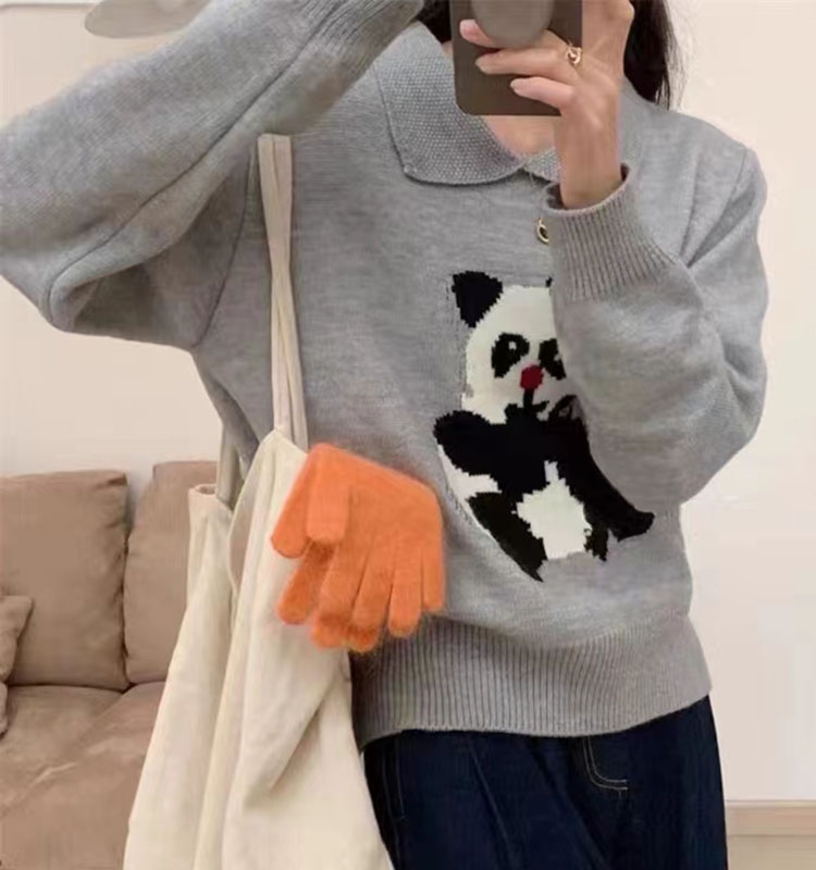 韓版洋氣Polo領拼卡通圖案針織衫2023冬季新款百搭軟糯羊毛上衣女