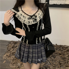 Actual shot of new autumn and winter lace square neck long-sleeved T-shirt women's tops