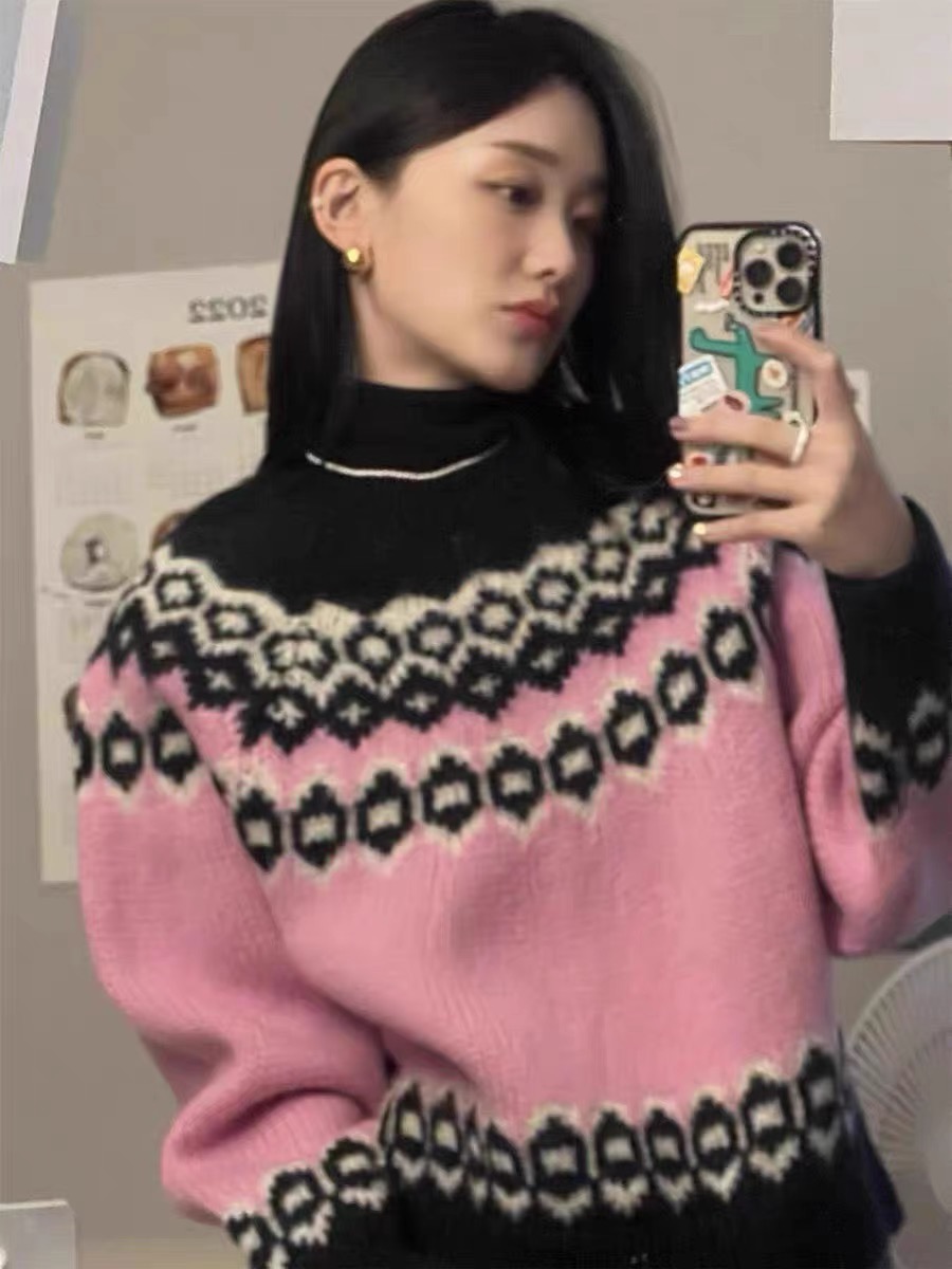 INS韓國博主~復古重工提花氛圍感加厚小眾針織衫保暖圓領毛衣針織