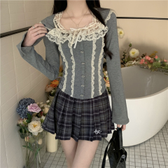 Photographed Autumn/Winter New Lace Square Collar Long Sleeve T-shirt Top