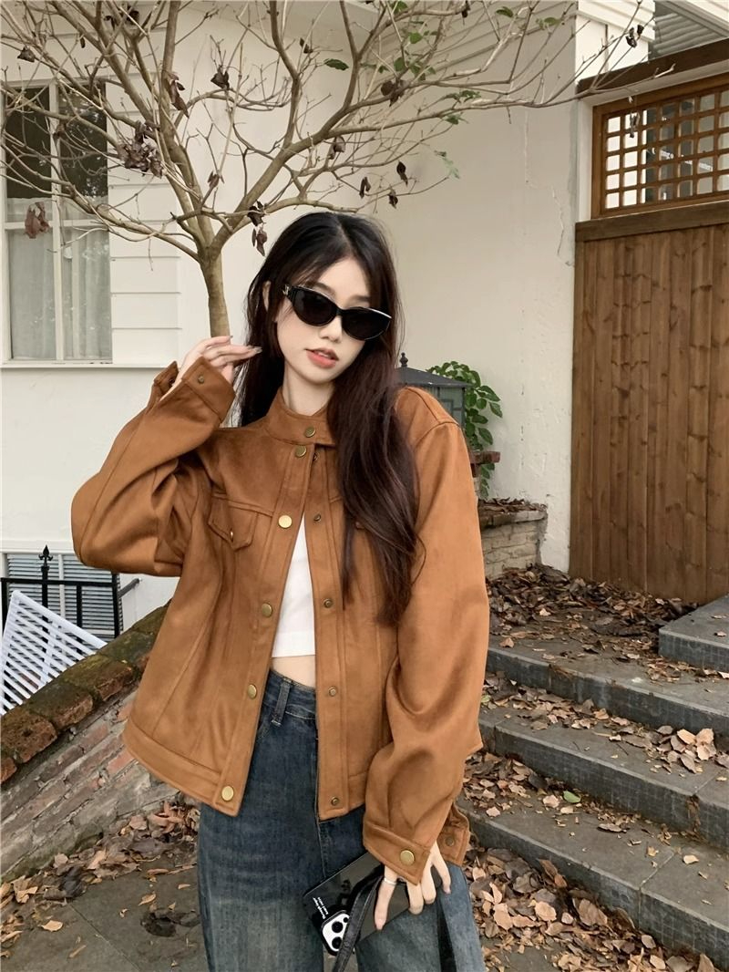 French retro brown long-sleeved coat for women autumn 2023 new fashion loose thickened versatile single-breasted top