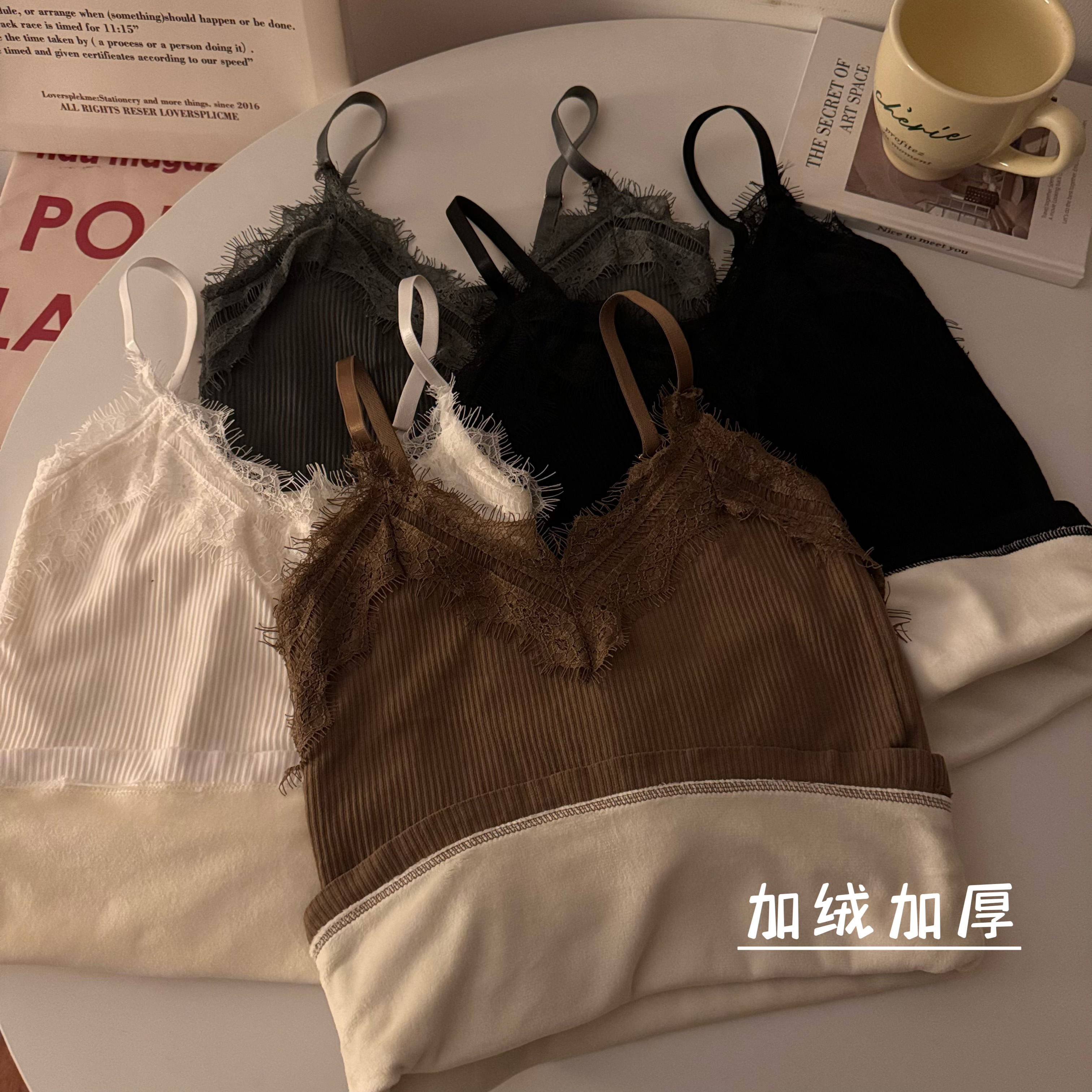 實拍冬季保暖背心針織加絨加厚性感蕾絲吊帶內搭打底上衣女