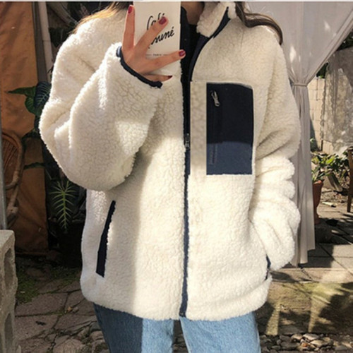 Reversible sherpa stand collar zipper jacket for women  autumn and winter new color matching student warm jacket large size