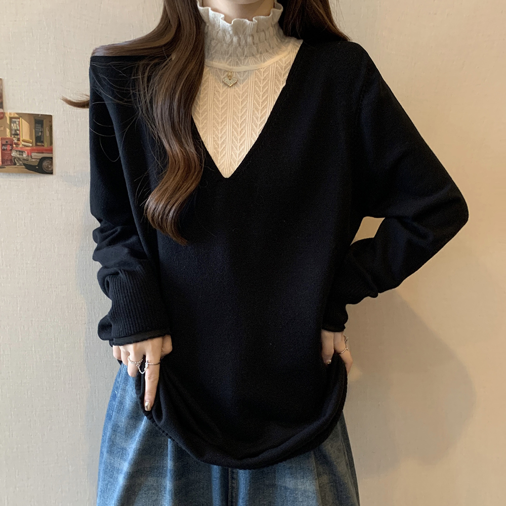 實拍大碼女裝2023秋冬新款假兩件中長款針織衫胖MM遮肉寬鬆毛衣