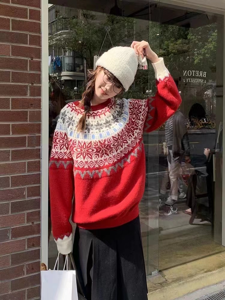 韓系復古提花圓領百搭毛衣女秋冬新款軟糯顯瘦寬鬆針織衫小眾上衣