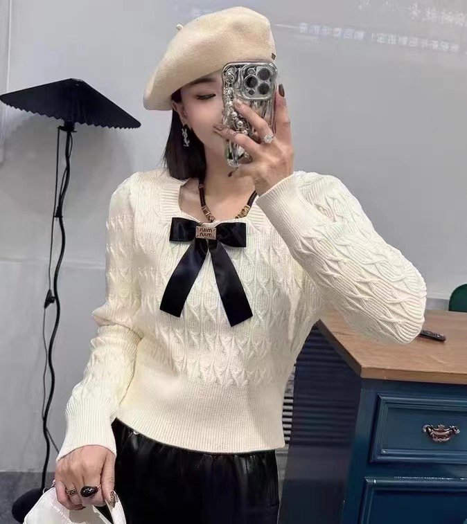 蝴蝶結低領毛衫女長袖歐貨2023年新款時尚洋氣百搭打底衫短毛衣潮