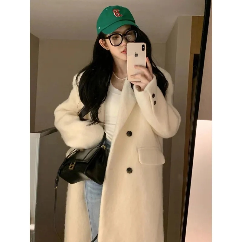 2023 Autumn and Winter New White Woolen Coat Women's Mid-Length Korean Woolen Coat Korean Style Slim Coat