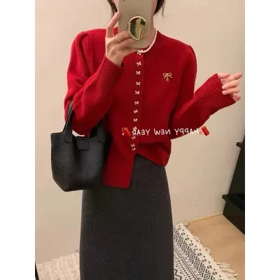 新年聖誕紅蝴蝶扣針織開衫女2023年秋冬新款韓版減齡顯瘦毛衣外套