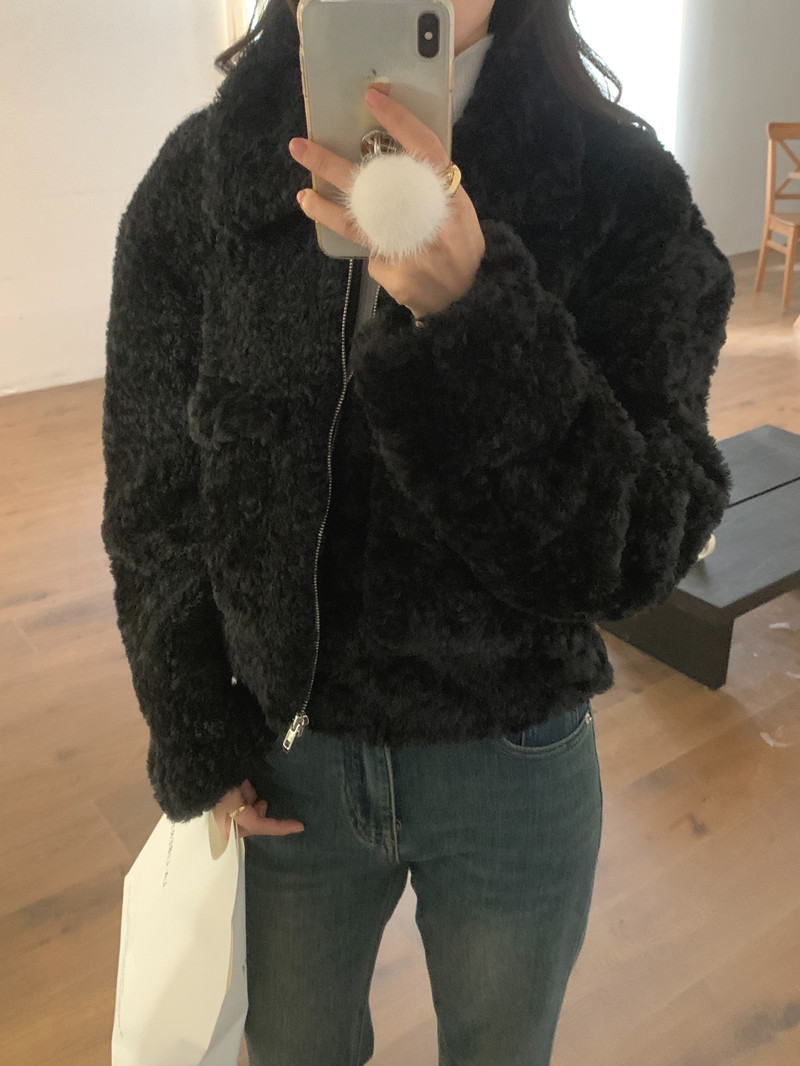 Real shot retro niche lapel pocket zipper fur coat top furry cotton coat 2 colors