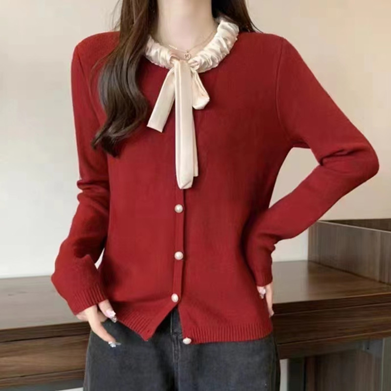 蝴蝶結甜美毛衣打底衫女2023年秋季新款溫柔少女感簡褶皺針織衫潮