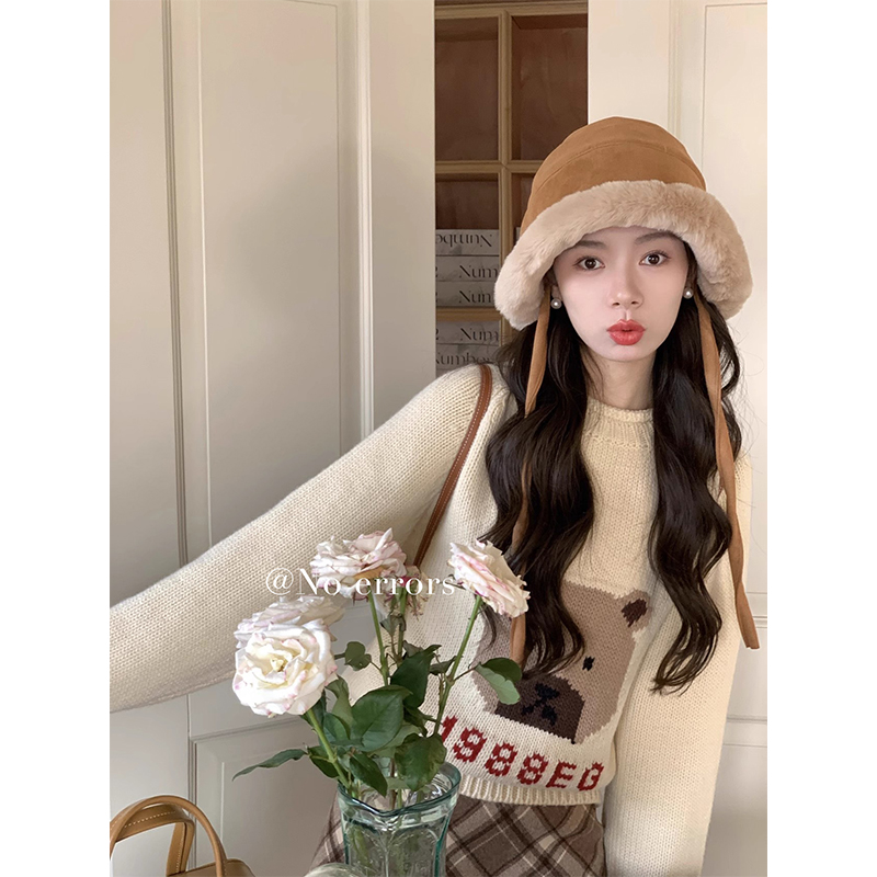 可愛卡通小熊提花毛衣女秋冬慵懶風圓領套頭針織衫小個子寬鬆上衣