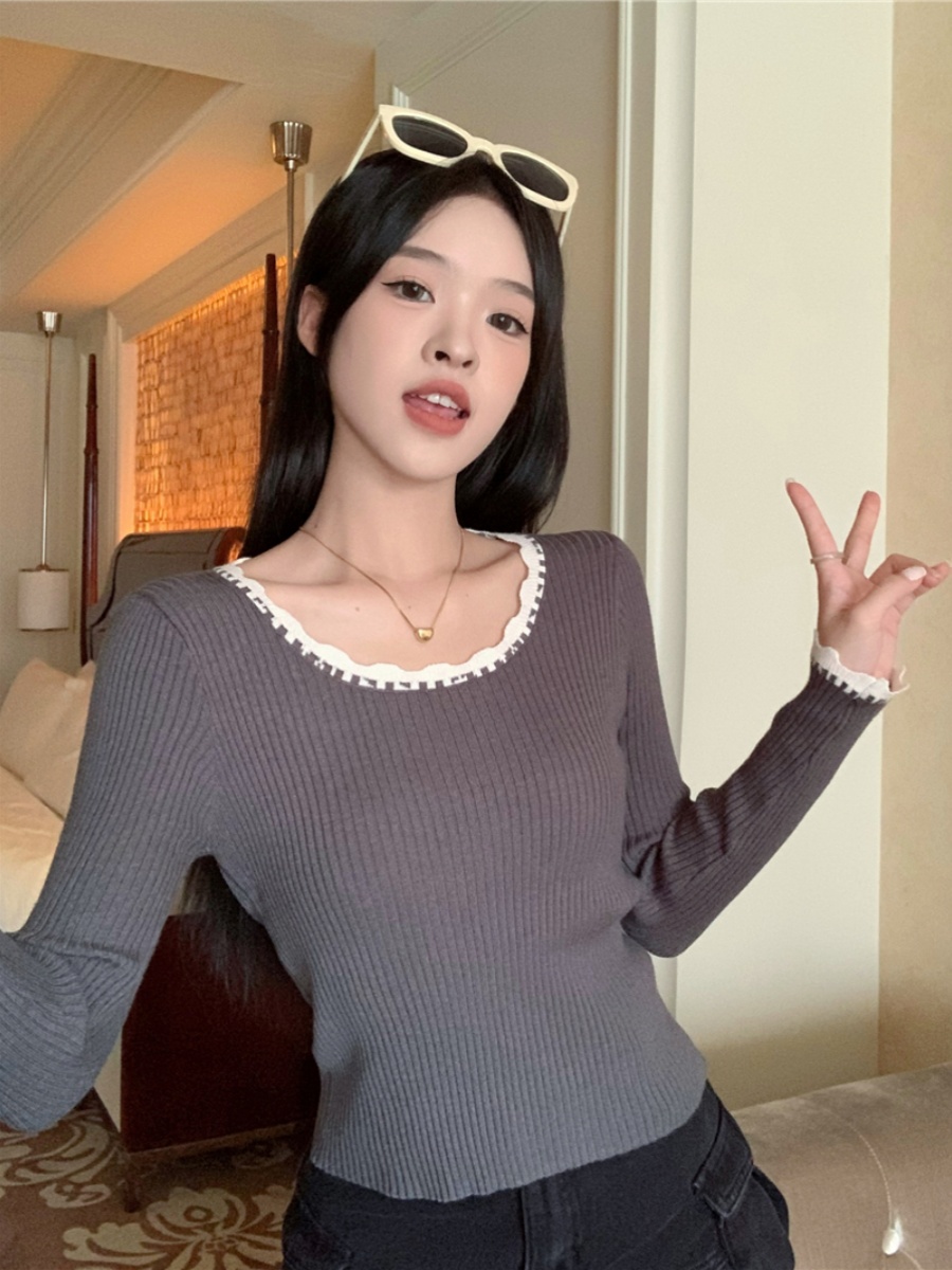 長袖針織衫T恤女裝秋季2023新款內搭打底衫獨特别致修身上衣仿棉