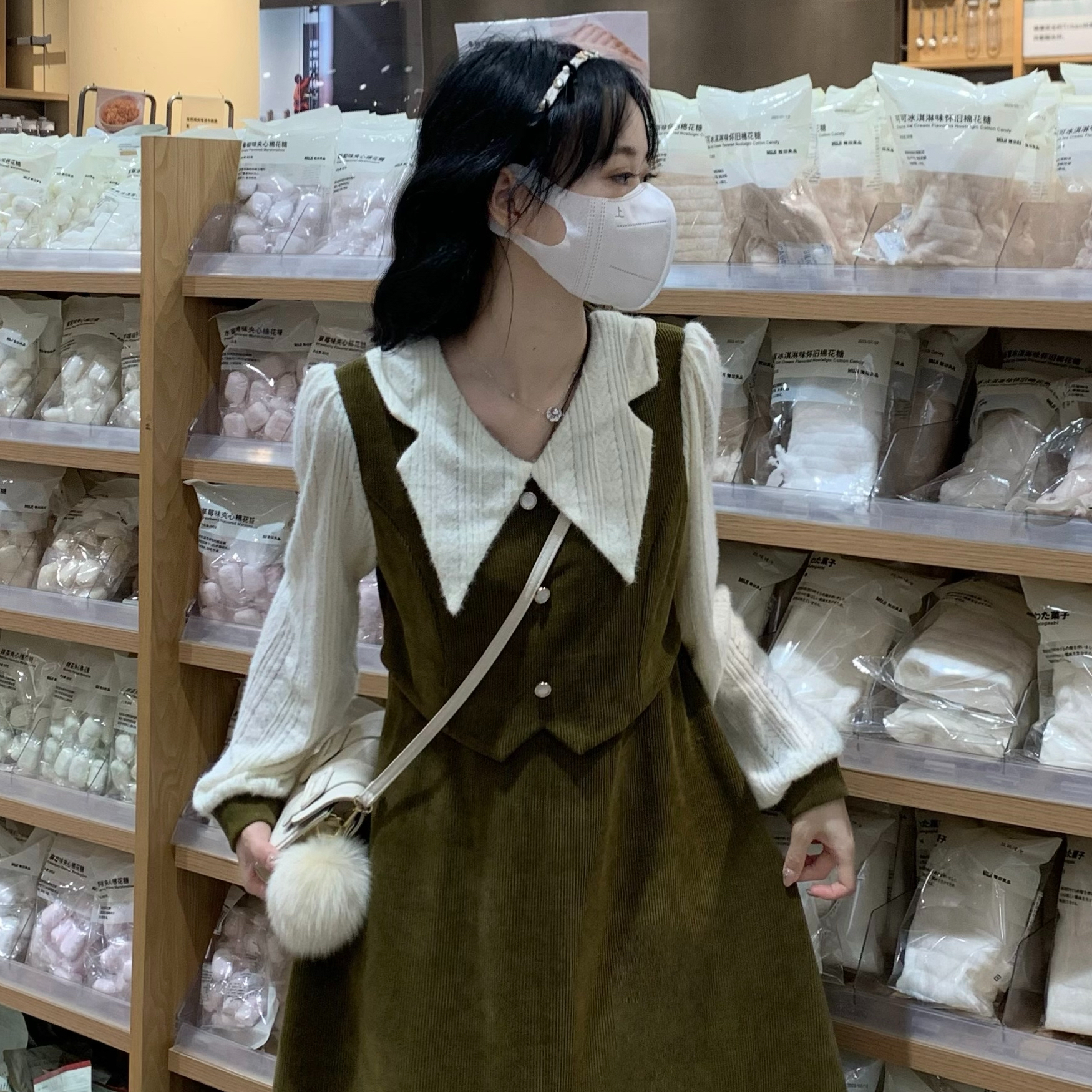 原版面料設計感小眾拼接燈芯絨假兩件連衣裙女秋冬復古法式長袖