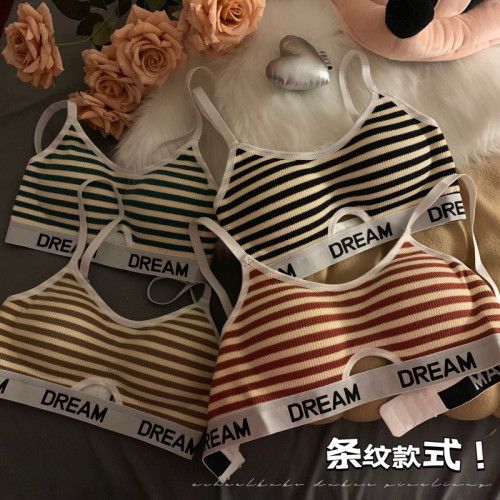 Real shot of winter warm textured striped bra for women without rims to push up side breasts student underwear