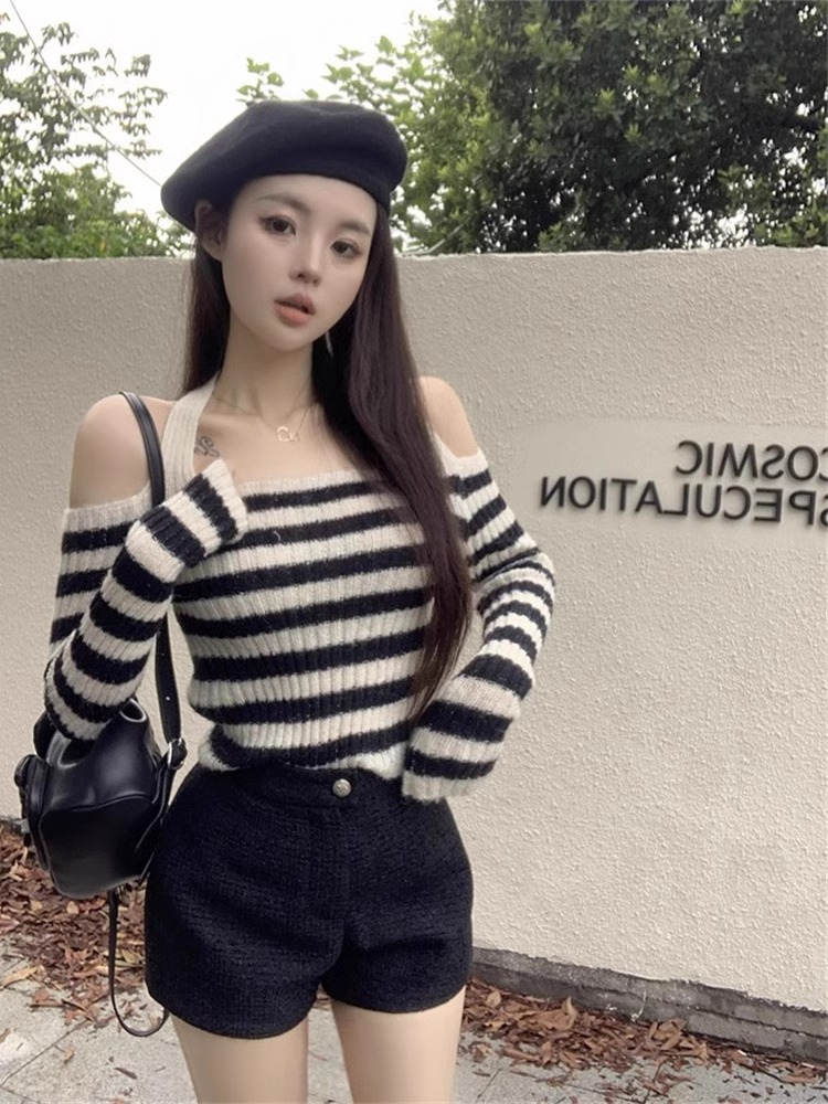 慵懶感條紋一字領針織衫女秋季修身減齡顯瘦毛衣短款美式長袖上衣