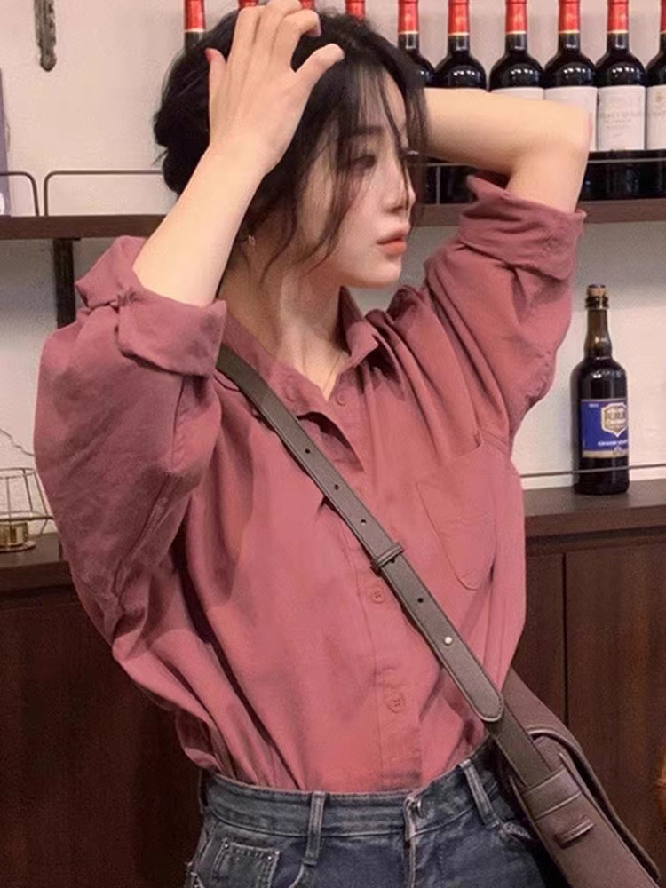 粉色襯衫外套女春秋秋季慵懶風小個子長袖襯衣女款polo領上衣秋裝