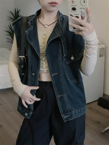 Real shot of autumn loose and small design denim vest jacket mid-length handsome and cool tops for women