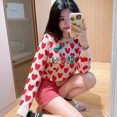 愛心提花針織套頭衫女粉色甜美修身內搭上衣看款加微w18318013116