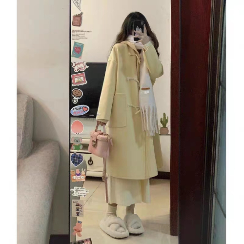 Horn button thickened woolen coat for women 2023 autumn and winter new style woolen coat Korean style small people are popular this year