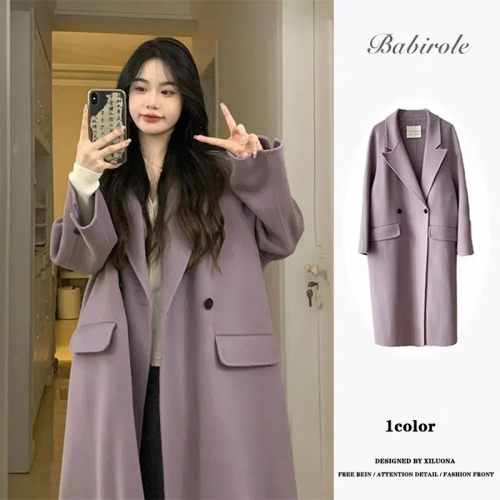 Hepburn style small high-end mid-length woolen  autumn and winter new purple coat for women