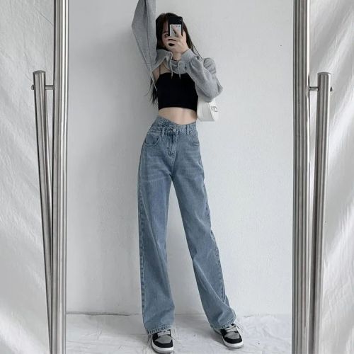 Black and gray wide-leg jeans for women spring and autumn  new loose high-waisted straight floor-length mopping design pants