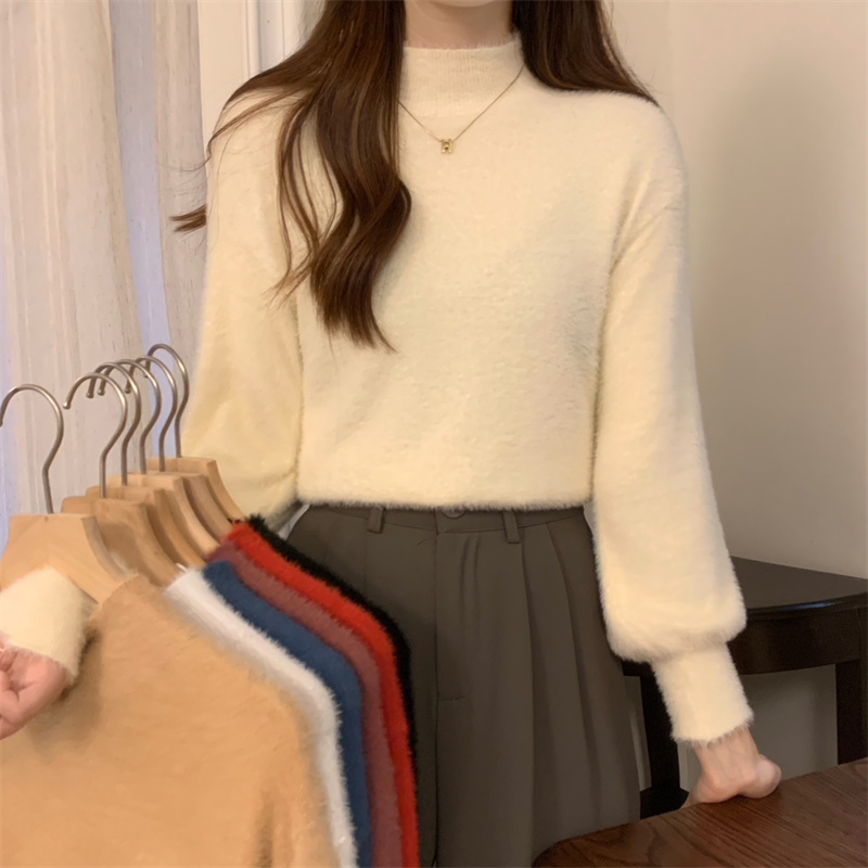 實拍 秋冬新款半高領仿水貂絨軟糯保暖打底衫純色針織毛衣女