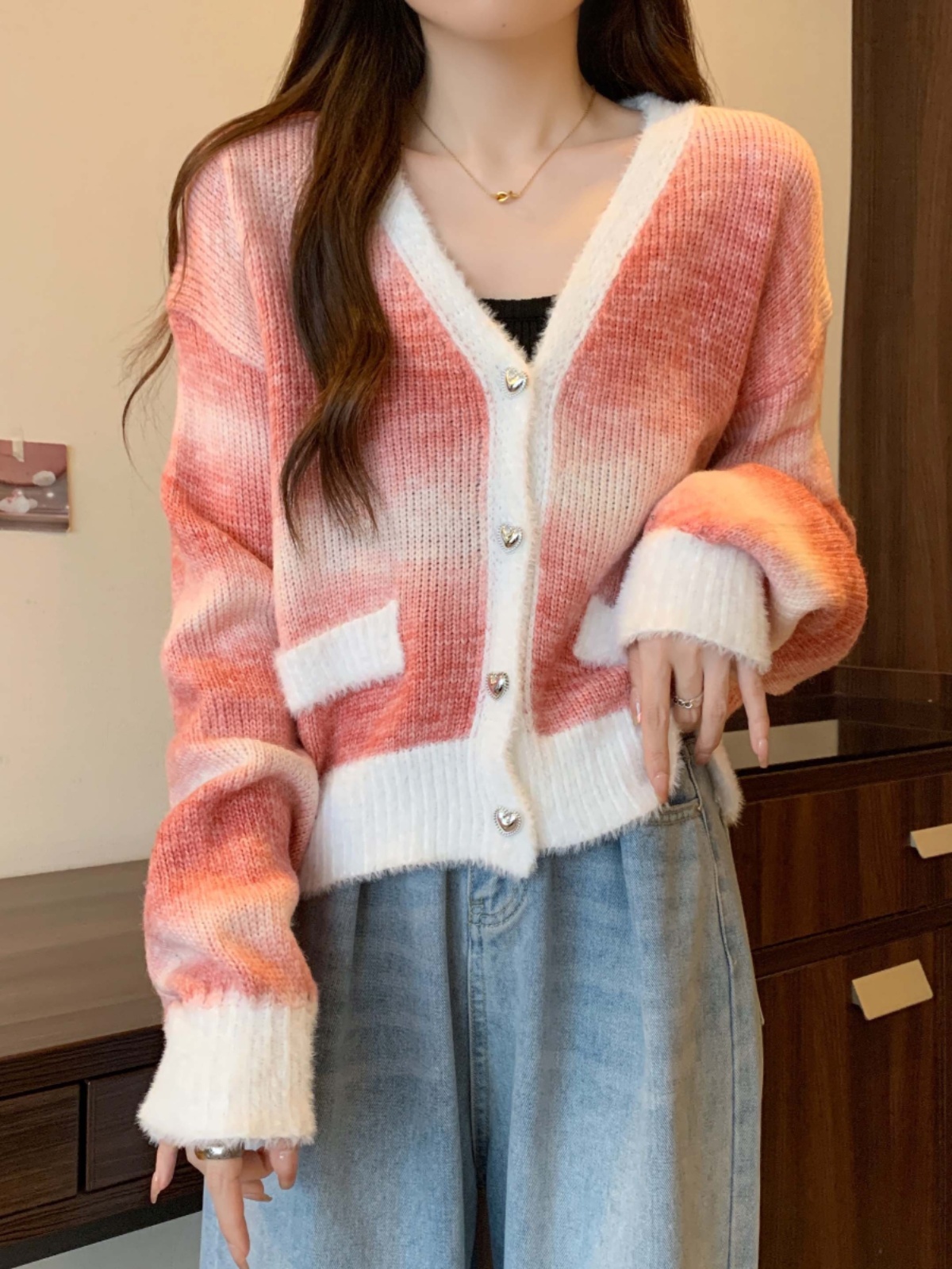 扎染毛衣開衫女裝2023秋季新款歐貨高級感暈染v領針織衫短款上衣