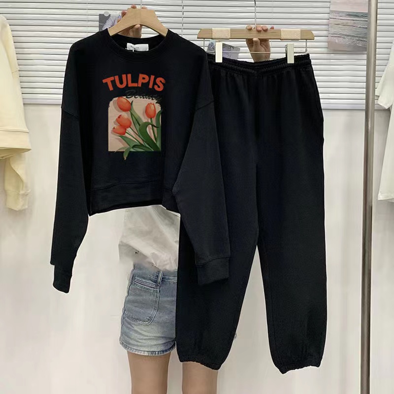 套裝女2023年新品春秋款薄款年輕休閒時尚印花長袖長褲兩件套