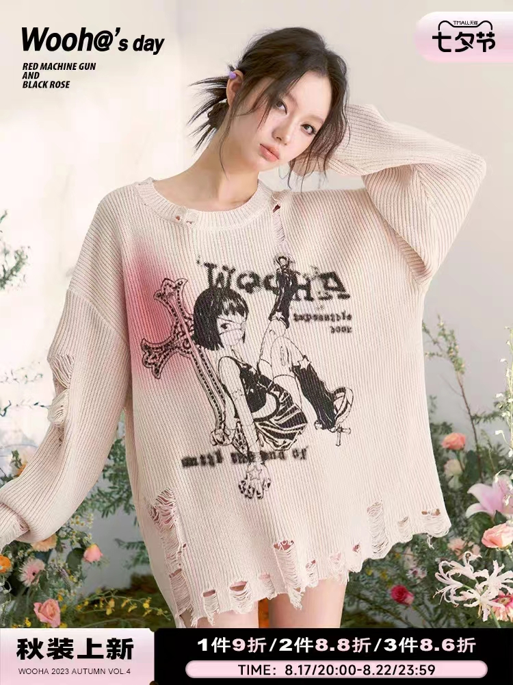 WooHa/吾哈2023春季針織衫復古印花甜酷寬鬆破洞外穿薄款毛衣女