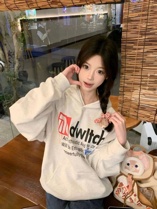 美式復古白灰色連帽衛衣男女秋冬標語字母印花寬鬆情侶長袖上衣潮
