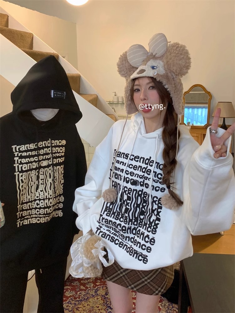 kumikumi美式字母印花連帽衛衣女2023冬季oversize中長款學生上衣