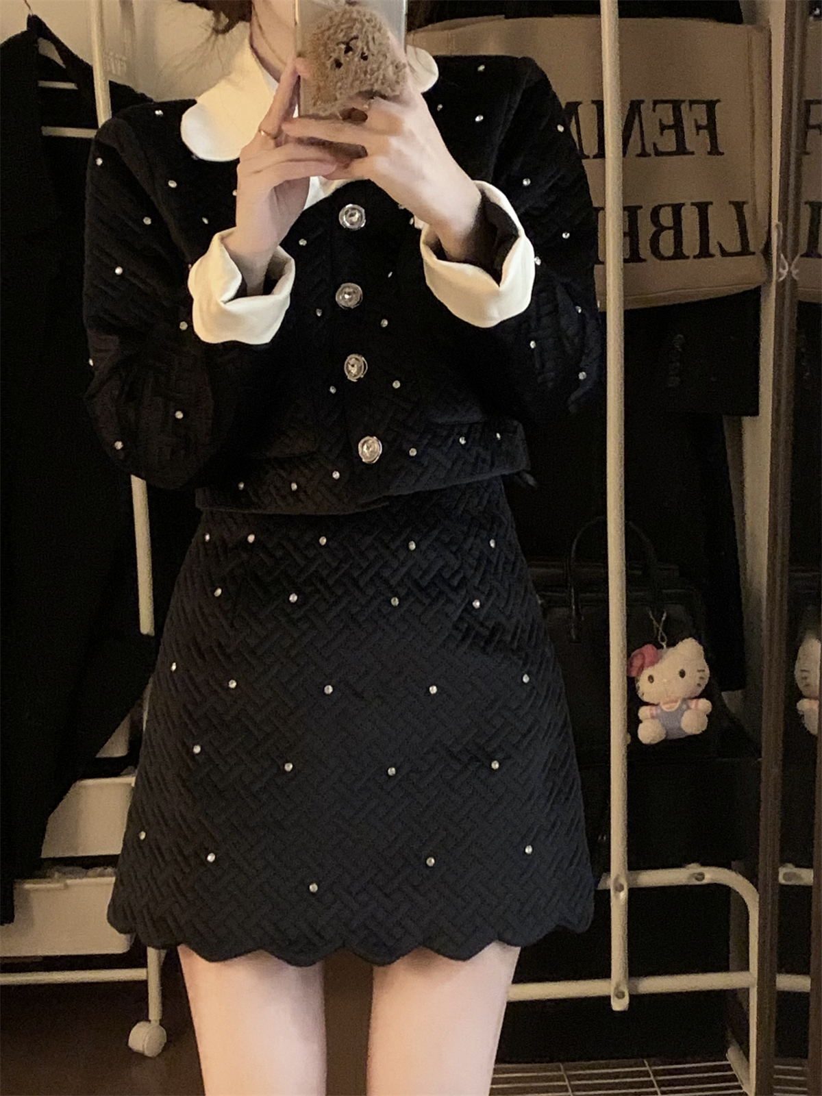 實拍# 法式小香風加棉外套半身裙兩件套女秋冬